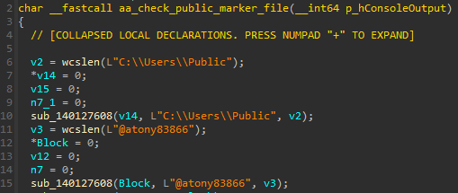 chromelevator.exeのデコンパイル画面にマーカーパスC:\Users\Public@atony83866が表示されている