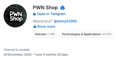 Telemetrに記録されたPWN Shopチャンネル情報で、購入問い合わせ先として@atony83866、分類タグとしてVietnamが表示されている