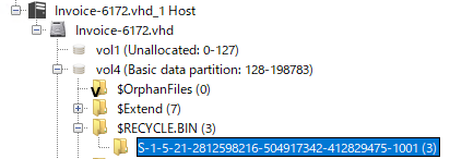 初回マウント前のInvoice-6172.vhdをAutopsyで確認し、$RECYCLE.BIN配下にSID名のディレクトリが存在する画面