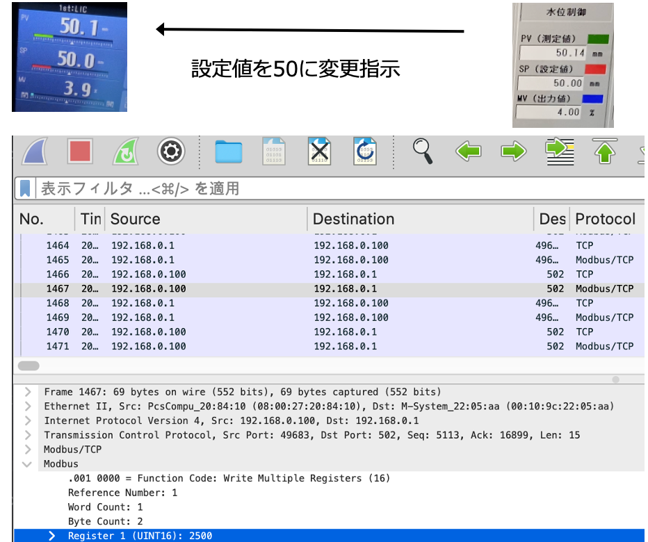 Modbus/TCPのパケットをWiresharkで表示した例